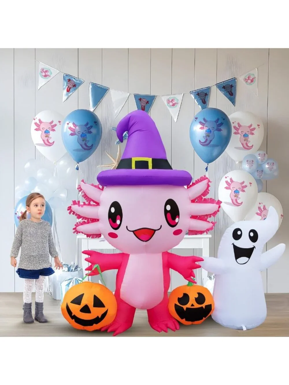 5.7FT Halloween Inflatable Axolotl Ghost with Pumpkin & LED Lights - Yard Decor